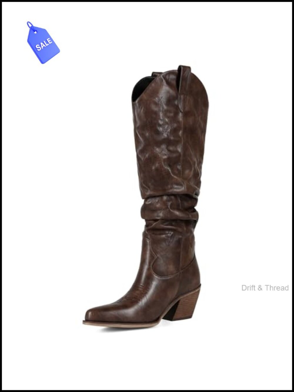 Women Knee High Cowboy Boots PU Leather Pointed Toe Slouchy Pull On